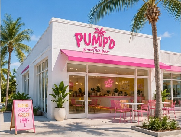 PUMP'D Smoothie Bar exterior concept with palm trees and bright pink awning