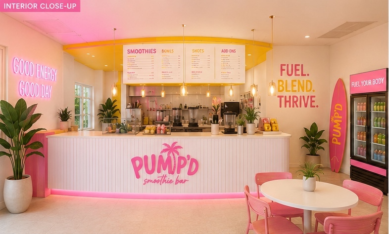 Interior counter with neon good energy sign