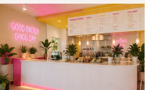 Interior close-up of the smoothie bar counter with neon and menu boards