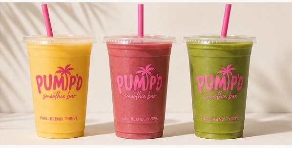 Three colorful PUMP'D smoothies with branded cups